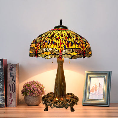 Traditional Tiffany Dragonfly Stained Glass Dome 3-Light Table Lamp For Study