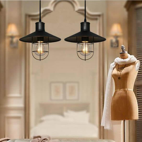Contemporary Industrial Round Black Cage Iron 1-Light Single Bell Pendant Light For Living Room