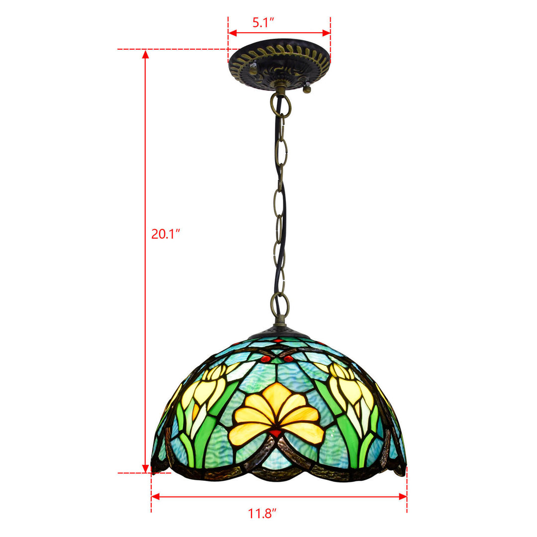 European Vintage Tiffany Flowers Birds Stained Glass 1-Light Pendant Light