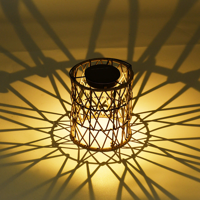 Lampe de table de jardin à LED étanche avec cylindre de tissage en rotin extérieur solaire 