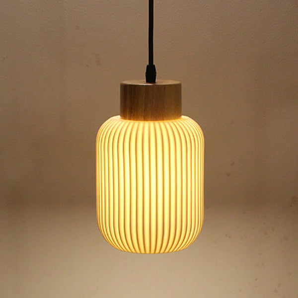 Lámpara colgante japonesa de 1 luz con tarro cilíndrico de cerámica blanca nórdica 