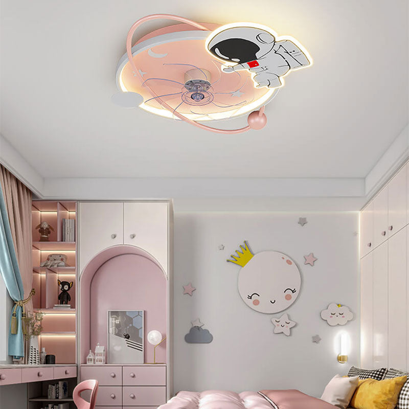 Cartoon Astronaut Colorful Round LED Flush Mount Ceiling Fan Light