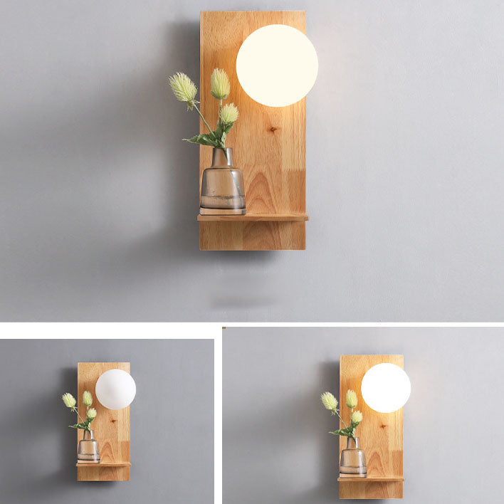 Moderne nordische 1-flammige Wandleuchte mit Glaskugel, Holz und quadratischer Basis für Schlafzimmer und Wohnzimmer 