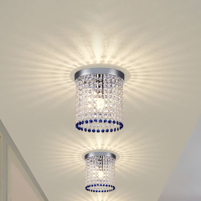 Modern Minimalist Crystal Bead Curtain Round 1-Light Semi-Flush Mount Ceiling Light For Hallway
