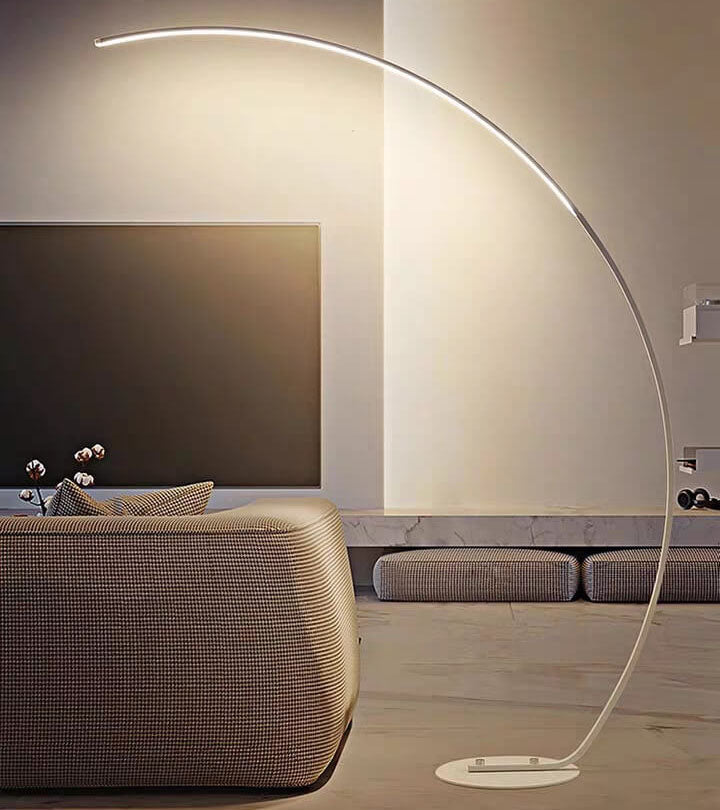 Lámpara de pie LED circular arqueada de 1 luz en PVC y aluminio con forma de caña de pescar, estilo minimalista moderno, para sala de estar 