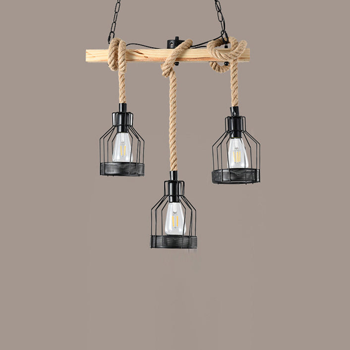 Lámpara de araña para isla de 3/5 luces estilo industrial contemporáneo con cuerda de cáñamo, bloques de madera, hierro y diseño de farol de cordel para salón 