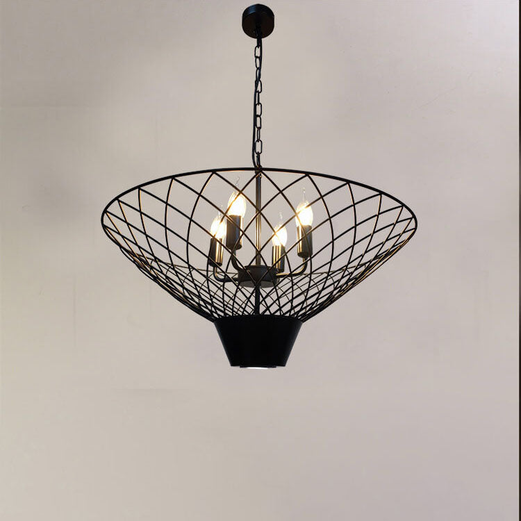 Vintage Industrial Black Wrought Iron Umbrella Shape With Spotlight 4-Light Chandelier