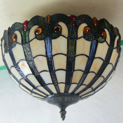 European Vintage Tiffany Iron Glass 2-Light Flush Mount Light