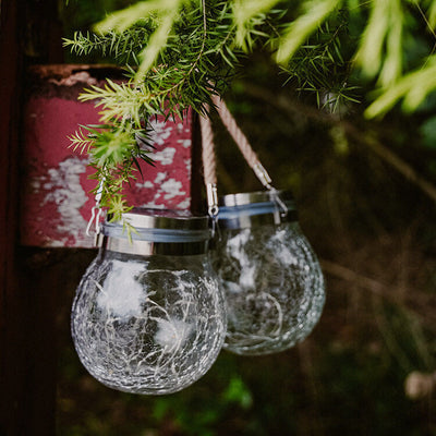 Solar Crackle Round Glass Jar LED Outdoor Garden Decorative Light