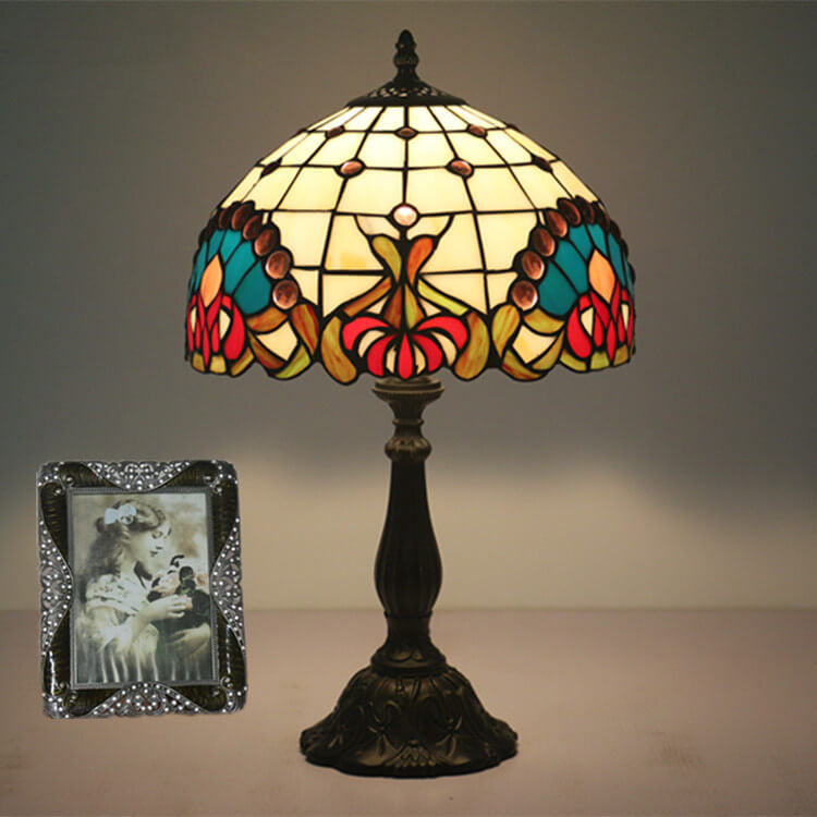 European Tiffany Baroque Gem Stained Glass 1-Light Table Lamp