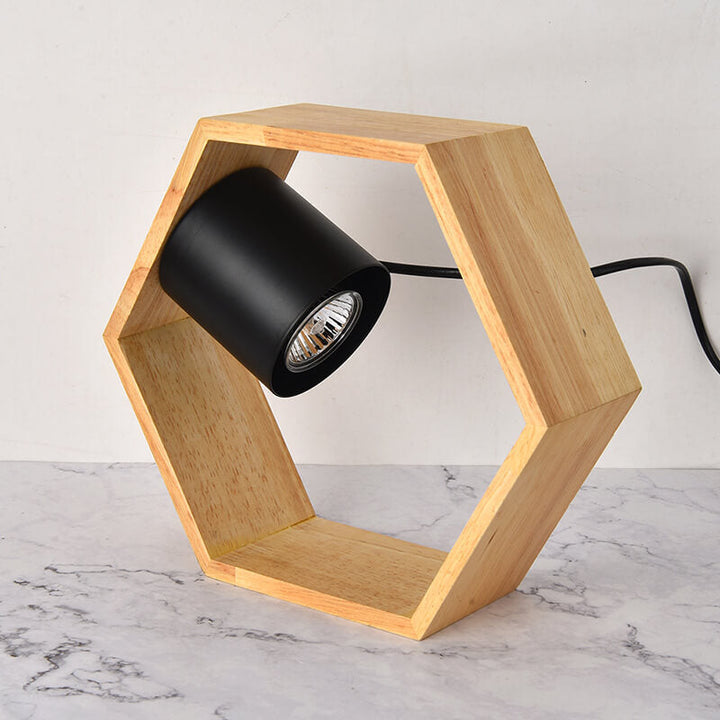 Zeitgenössische nordische sechseckige Tischlampe aus Holz und Metall mit 1 Flamme und schmelzendem Wachs für das Schlafzimmer 