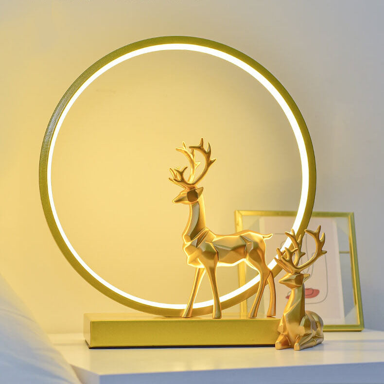 Lámpara de mesa LED de noche con enchufe USB, círculo de hierro y acrílico con ciervo, estilo nórdico contemporáneo, para dormitorio 