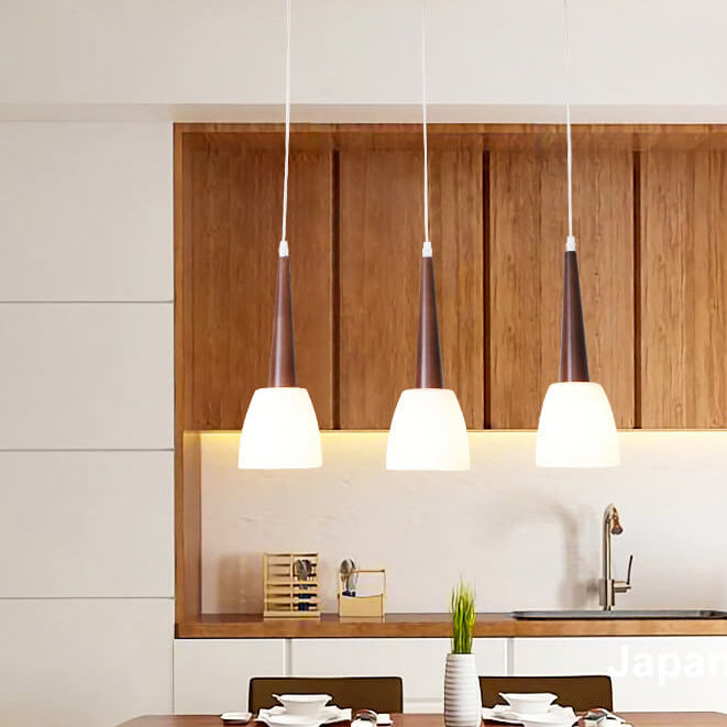 Modern Chinese Walnut Glass Shade 3-Light Chandelier