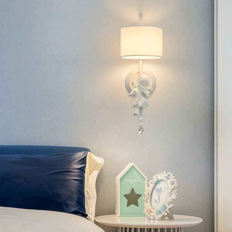 Modern Minimalist Angel Resin Round Fabric 1-Light Wall Sconce Lamp for Living Room