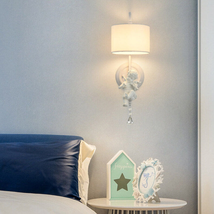 Modern Minimalist Angel Resin Round Fabric 1-Light Wall Sconce Lamp for Living Room