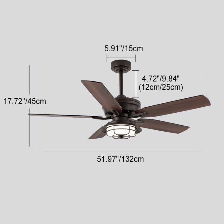 Zeitgenössische industrielle wasserdichte Holzventilatorflügel Runde Eisenrahmen Schatten LED Downrods Deckenventilator Licht für Außenterrasse 