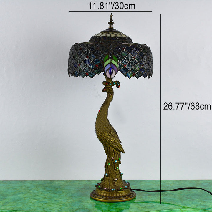 Lampe de table vintage Tiffany Peacock Gem Dome en résine et verre à 1 lumière 