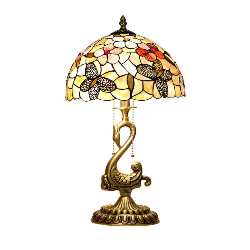 Tiffany Vintage Floral Buntglas Swan 2-Licht-Tischlampe 