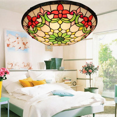 European Tiffany Flowers Stained Glass 3-Light Flush Mount Ceiling Light