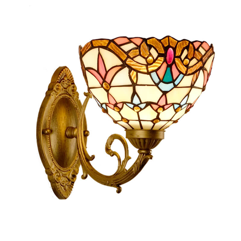 Vintage Tiffany Baroque Stained Glass Round 1-Light Wall Sconce Lamp