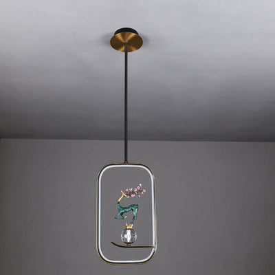 Lustre LED suspendu moderne chinois carré rond anneau prunier cerf 