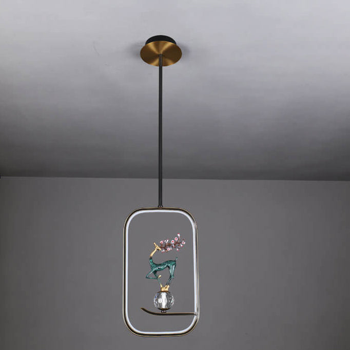 Lustre LED suspendu moderne chinois carré rond anneau prunier cerf 