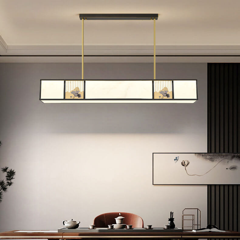 Traditional Chinese Copper Carved Decorative Acrylic Rectangular Shade LED Island Light Pendant Light For Living Room