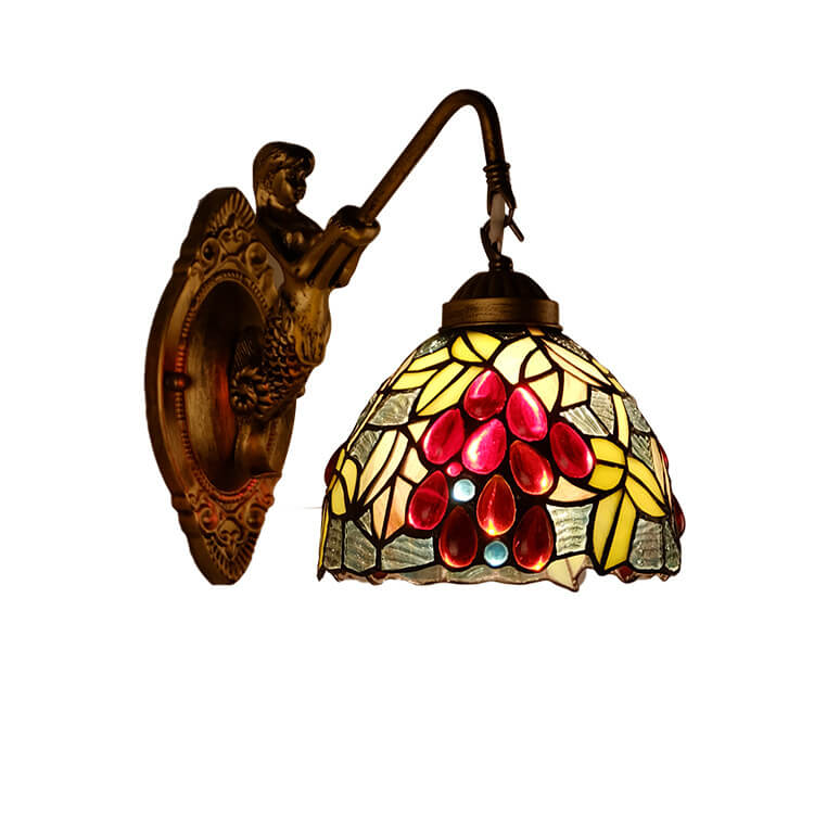 Vintage Tiffany Grape Stained Glass Dome 1-Light Wall Sconce Lamp