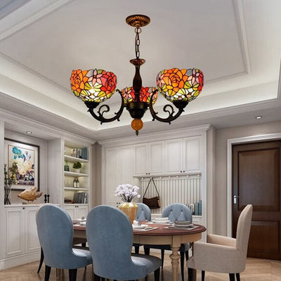 European Tiffany Showy Rose Stained Glass 3-Light Chandelier
