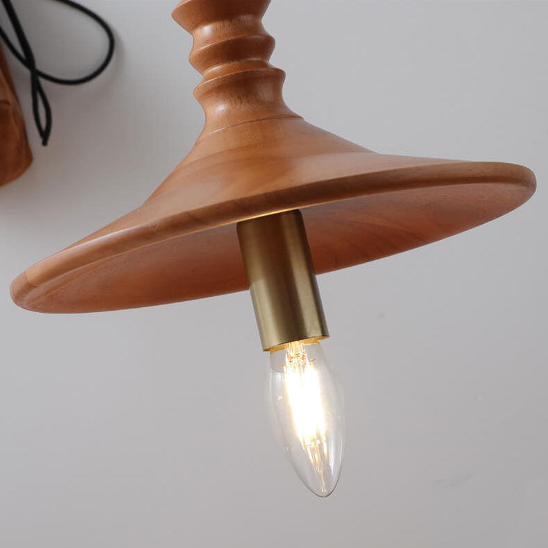 Japanese Vintage Brass Solid Wood Candlesticks Cone Plate 1-Light Pendant Light