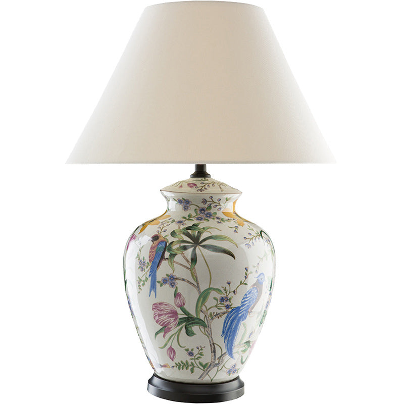 Lámpara de Mesa de 1 Luz con Diseño Retro Moderno de Cerámica Idílica de Flores y Pájaros 
