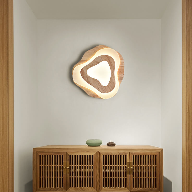 Modern Chinese Solid Wood Textured Round Geometric LED Flush Mount Ceiling Light