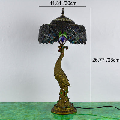Vintage Tiffany Peacock Gem Dome Glass Resin 1-Light Table Lamp