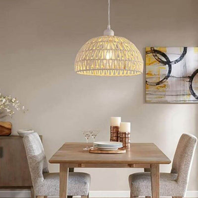 Modern Hemp Rope Weaving Beige Dome 1-Light Pendant Light