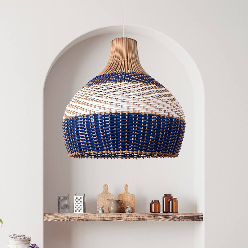 Contemporary Boho Round Rattan 1-Light Pendant Light For Living Room