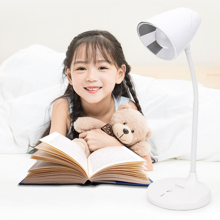 Moderne minimalistische multifunktionale wiederaufladbare USB-LED-Tischlampe aus weißem ABS in Kegelform mit Touch-Funktion und augenschonendem Licht 