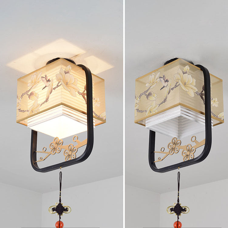 Modern Chinese Fabric Square Magnolia 1-Light Semi-Flush Mount Ceiling Light