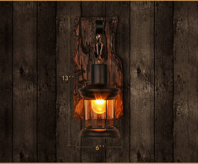 Glass Iron Wooden Base 1-Light Cylinder Sconce Lamp