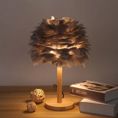 Lampe de table moderne et créative à 1 lumière en bois massif avec plumes décoratives 