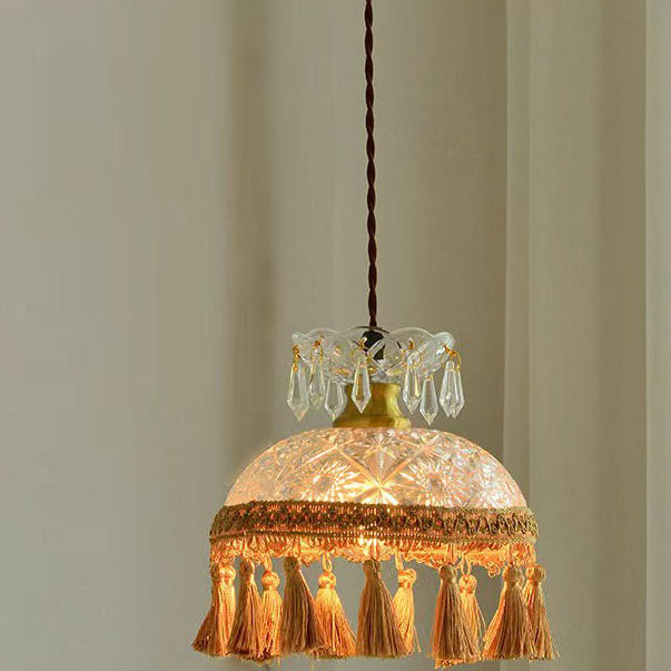 Lámpara colgante tradicional francesa de 1 luz con pantalla abombada de cobre, vidrio y borla para salón 