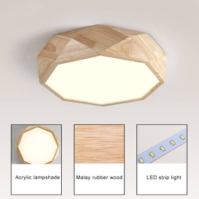 Modern Solid Wood Round Geometric LED Flush Mount Ceiling Light