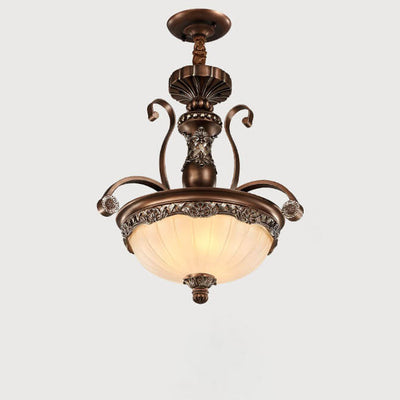 European Retro Semi-Circular Carved Iron Glass 3-Light Chandelier