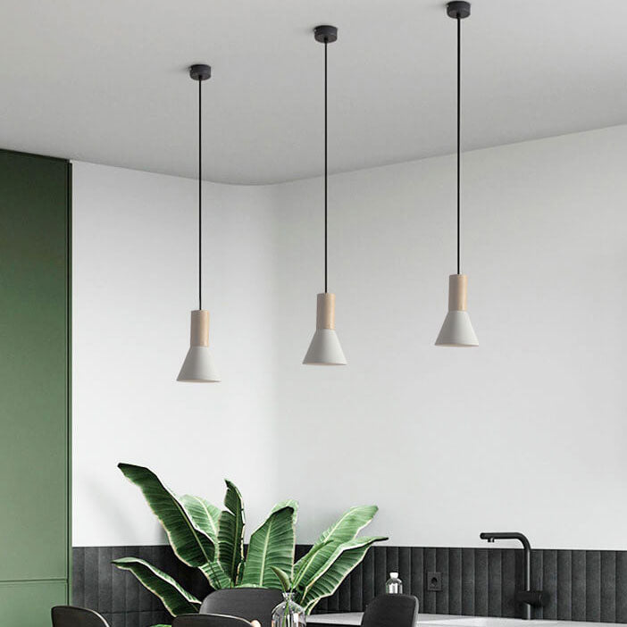 Suspension Luminaire à 1 Lumière en Bois de Sable Blanc Minimaliste Moderne en Forme de Trompette Évasée 