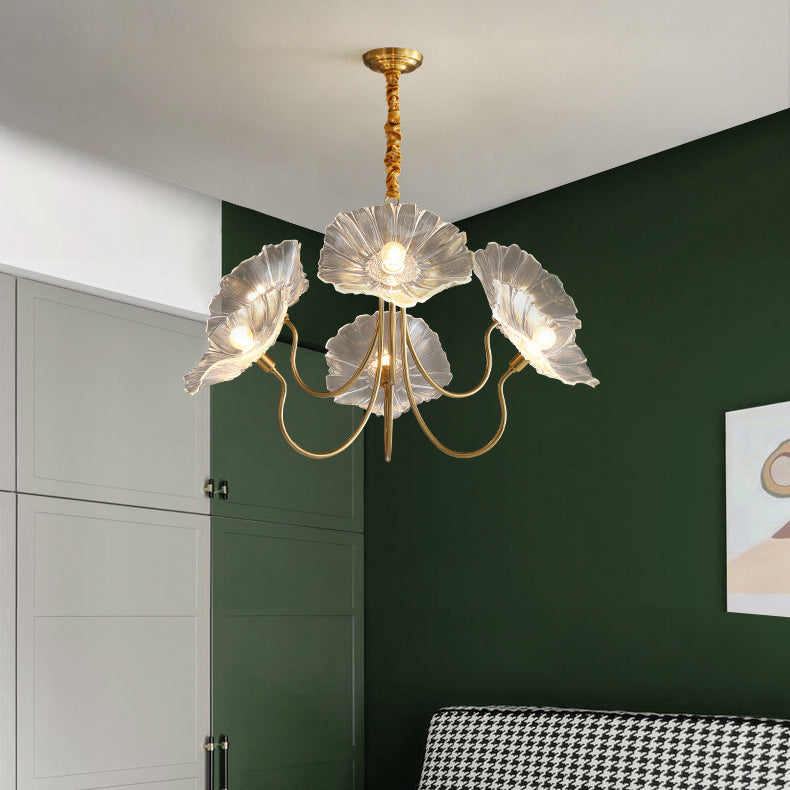 Cadre à Finition Dorée Art Déco Moderne avec Abat-jour en Verre Feuille de Lotus, Lustre 3/6 Lumières pour Salon 