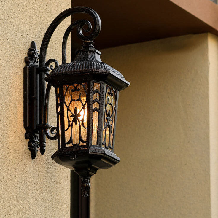 European Outdoor Carved Cage Aluminum Glass 1-Light Wall Sconce Lamp