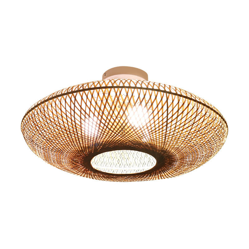 Traditionelle japanische 3-flammige Semi-Flush-Deckenleuchte in runder Bambusflechtoptik im Flying-Saucer-Design für das Schlafzimmer 