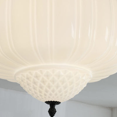 Modern Minimalist Cream Lantern Iron Glass 3-Light Semi-Flush Mount Ceiling Light For Bedroom