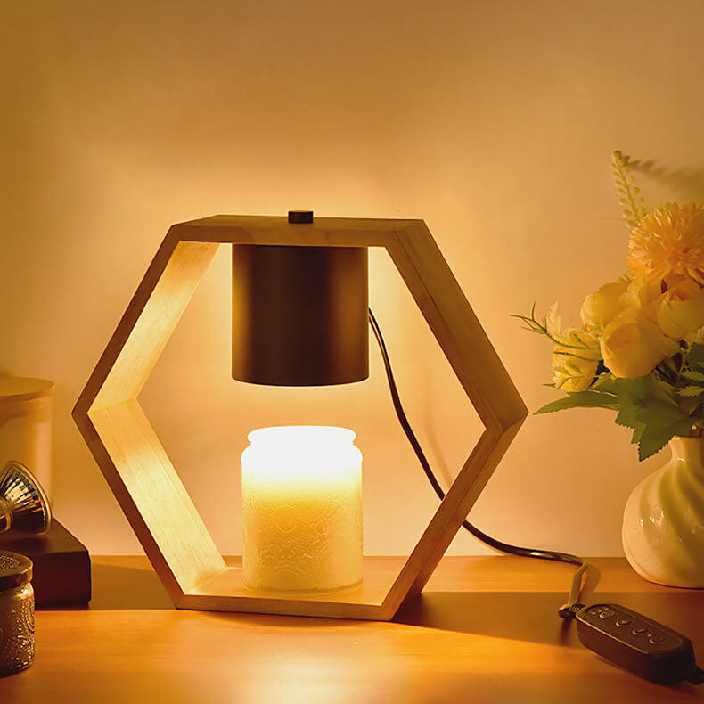 Zeitgenössische nordische sechseckige Tischlampe aus Holz und Metall mit 1 Flamme und schmelzendem Wachs für das Schlafzimmer 