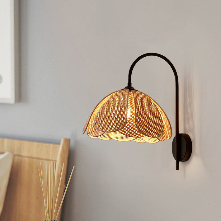 Contemporary Boho Rattan Weaving Petal Shade 1-Light Wall Sconce Lamp For Bedroom