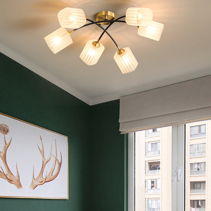 Traditionelle japanische mattierte quadratische Glas-Kupfer 6/8-Light Semi-Flush-Mount-Deckenleuchte für das Wohnzimmer 